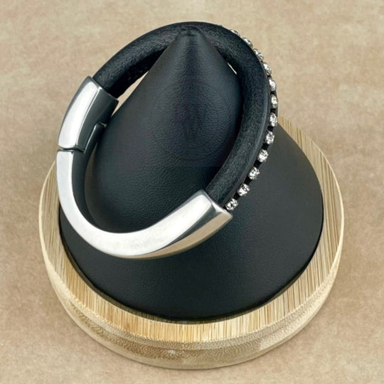 Clear Crystal on Black Leather Unisex Arena Bracelet-3