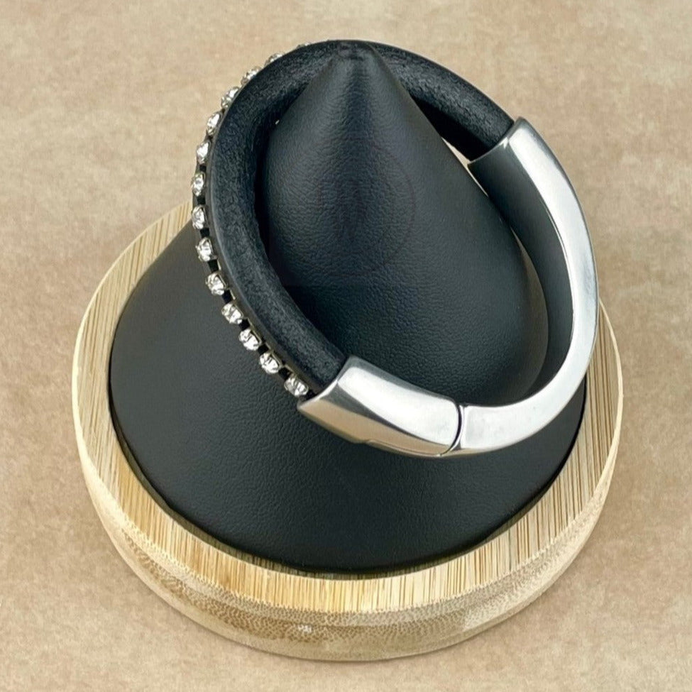 Clear Crystal on Black Leather Unisex Arena Bracelet-4