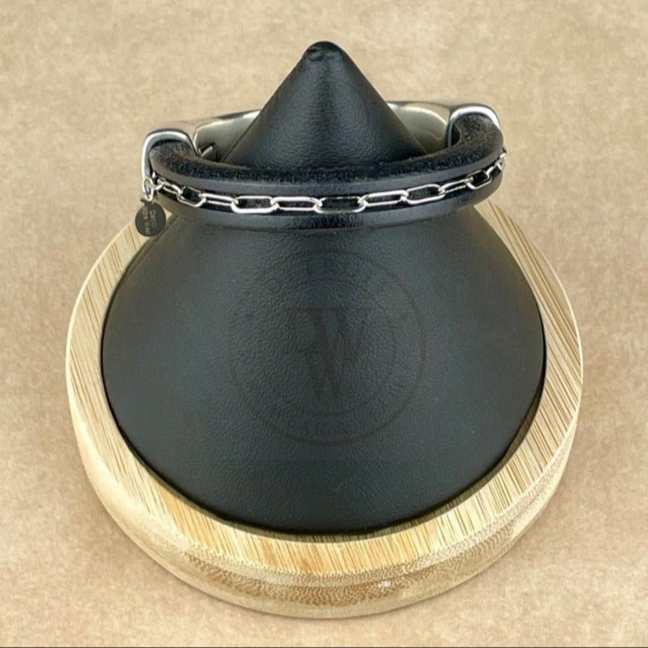 Rhodium Chain on Black Leather Unisex Arena Bracelet  -1