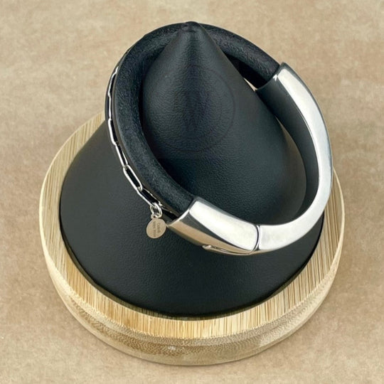 Rhodium Chain on Black Leather Unisex Arena Bracelet -3