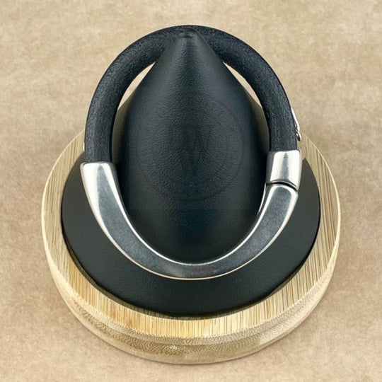 Rhodium Chain on Black Leather Unisex Arena Bracelet -5