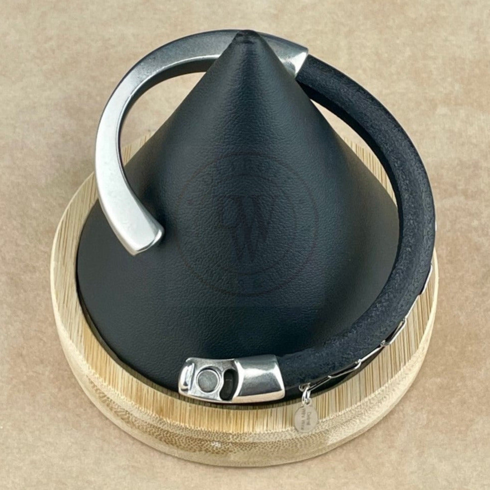 Rhodium Chain on Black Leather Unisex Arena Bracelet -6