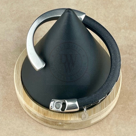 Rhodium Chain on Black Leather Unisex Arena Bracelet -6