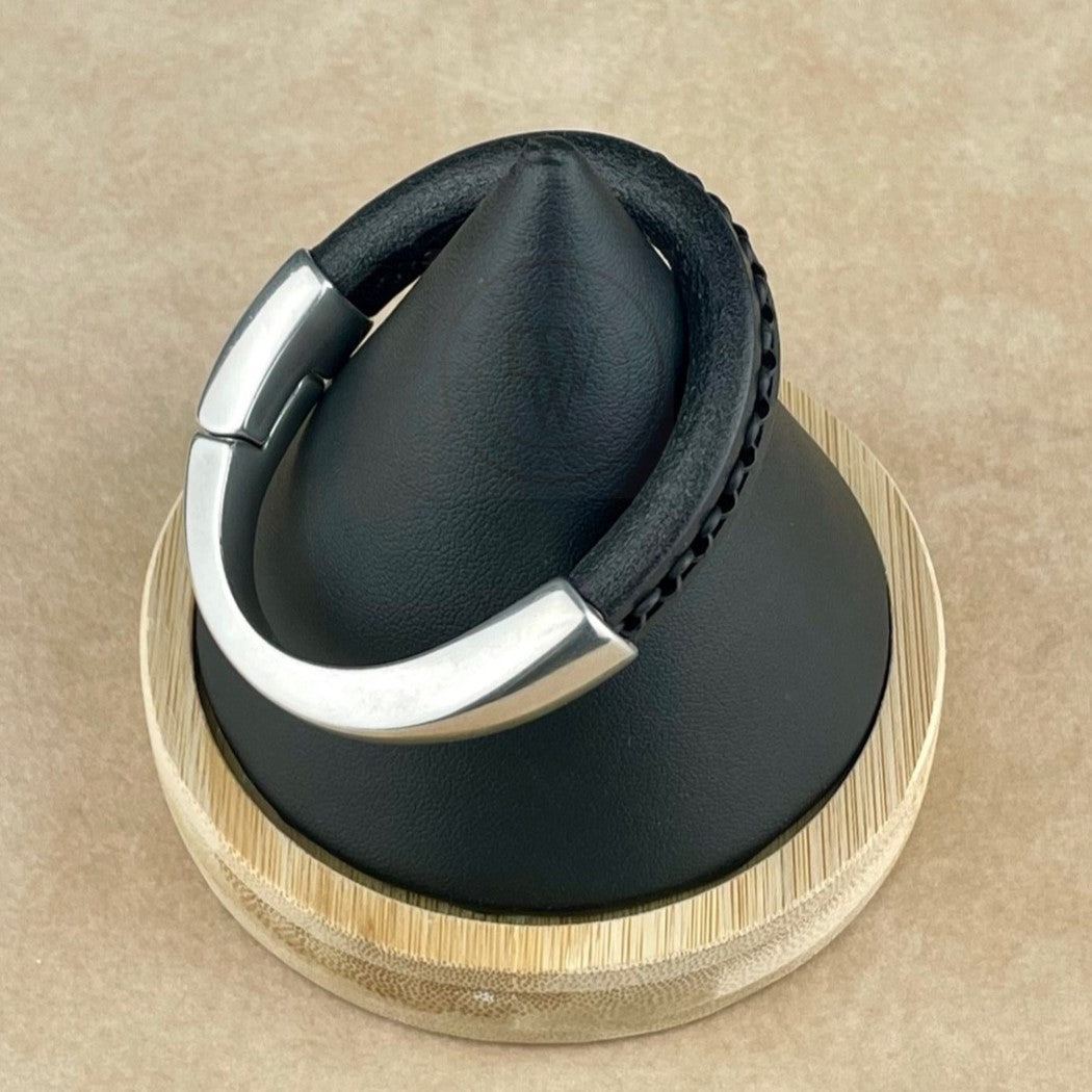 Black Chain on Black Leather Unisex Arena Bracelet-3