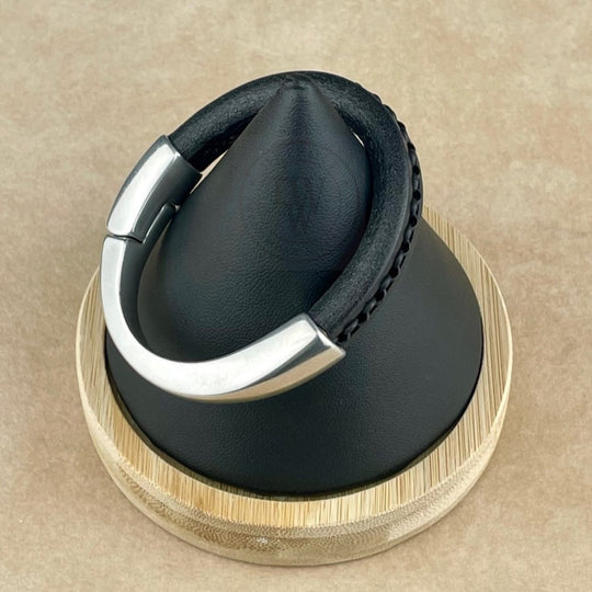 Black Chain on Black Leather Unisex Arena Bracelet-3