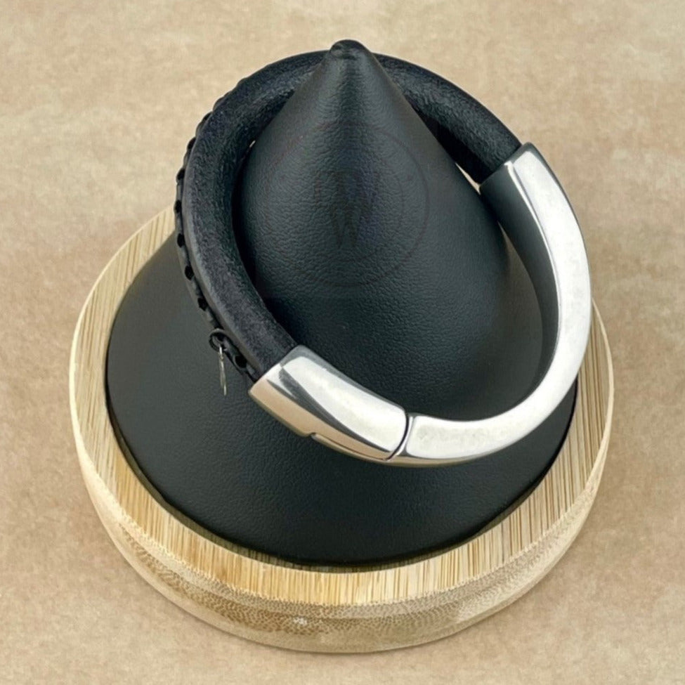 Black Chain on Black Leather Unisex Arena Bracelet-4