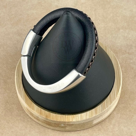 Antique Copper Chain on Black Leather Unisex Arena Bracelet -3