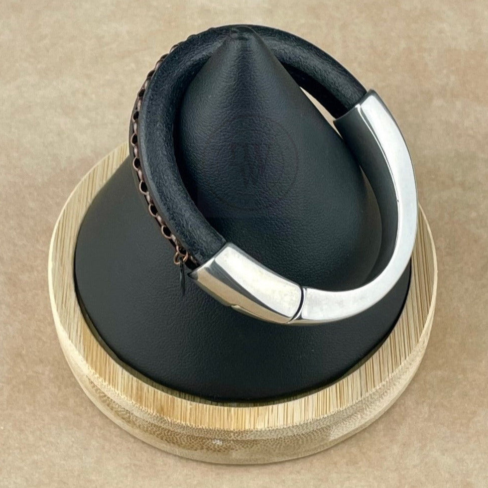 Antique Copper Chain on Black Leather Unisex Arena Bracelet -4