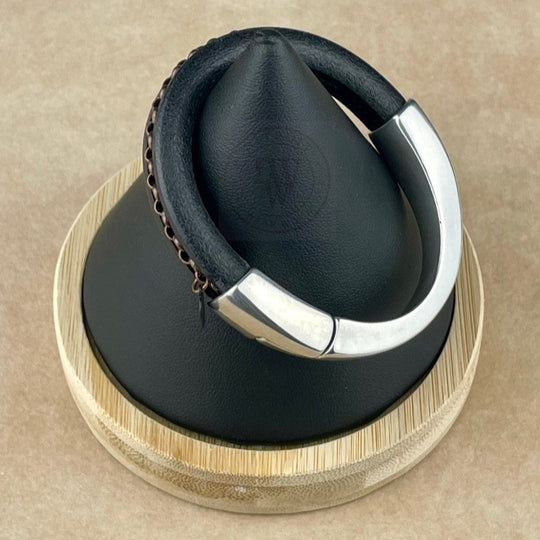 Antique Copper Chain on Black Leather Unisex Arena Bracelet -4