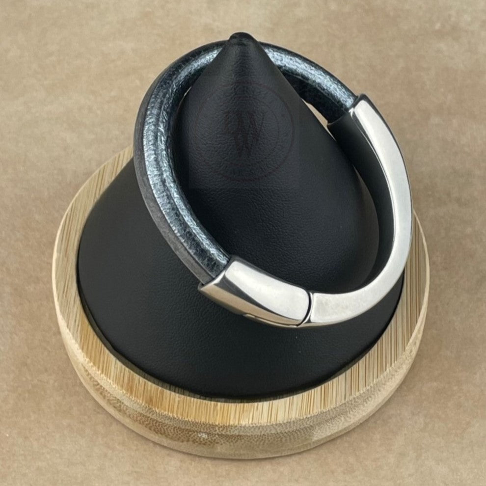 Metallic Silver Black Leather Unisex Arena Bracelet-3