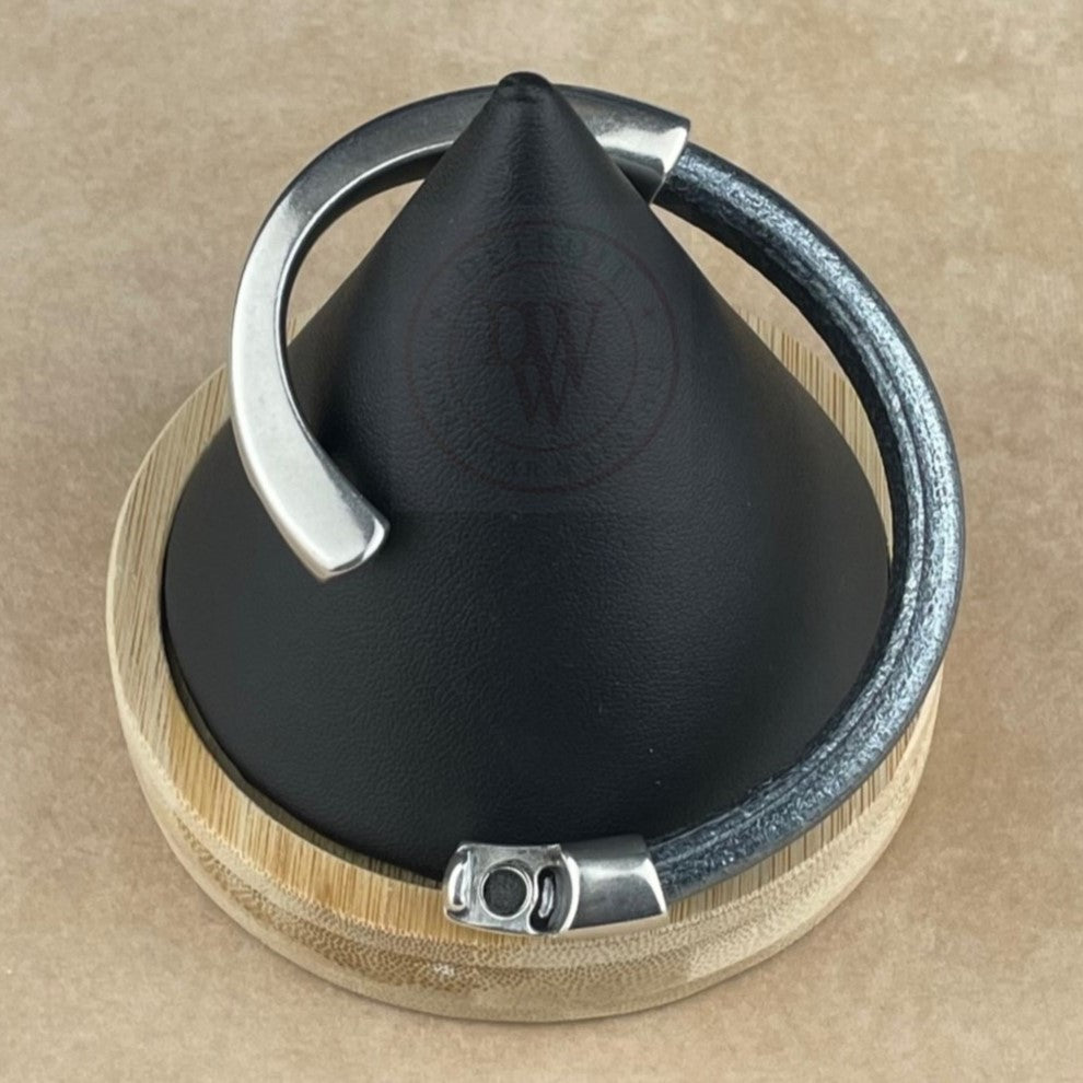 Metallic Silver Black Leather Unisex Arena Bracelet-5