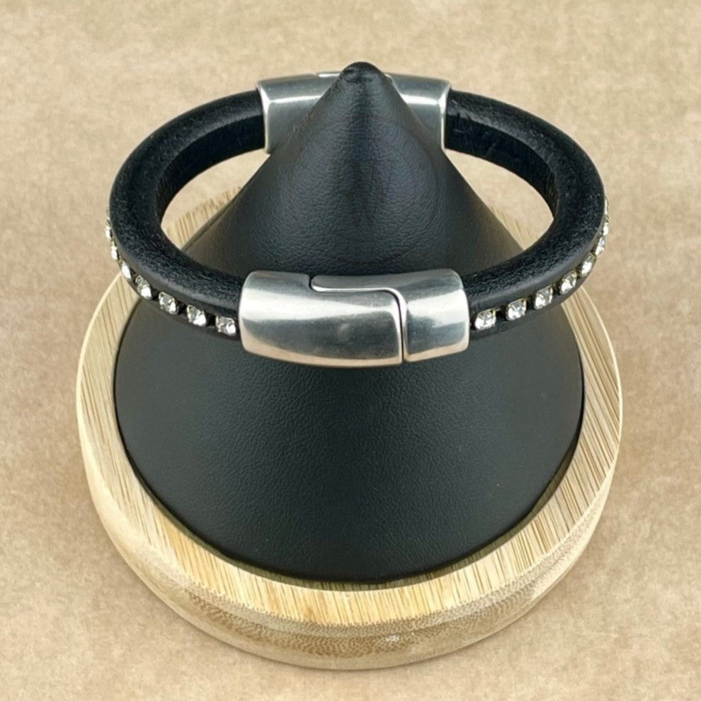 Clear Crystal Chain on Black Leather Unisex Cobo Bracelet -1