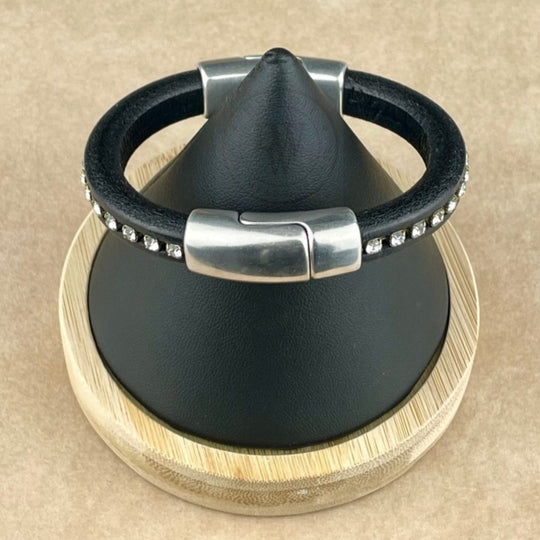 Clear Crystal Chain on Black Leather Unisex Cobo Bracelet -1