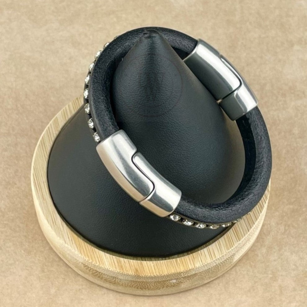 Clear Crystal Chain on Black Leather Unisex Cobo Bracelet -2