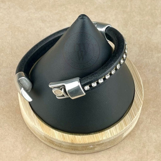 Clear Crystal Chain on Black Leather Unisex Cobo Bracelet3