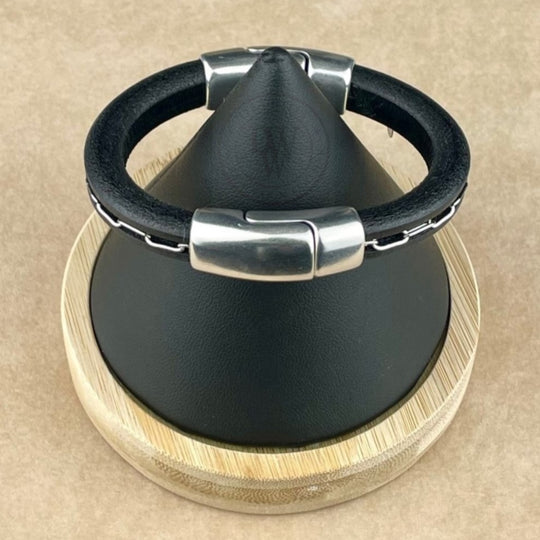 Black Leather Bracelet with Silver Chain and Silver Magnet Clasp -1