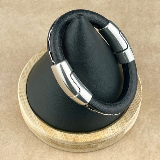 Black Leather Bracelet with Silver Chain and Silver Magnet Clasp -2