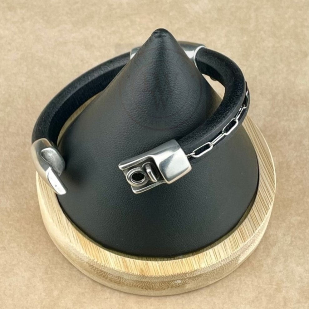 Black Leather Bracelet with Silver Chain and Silver Magnet Clasp -3
