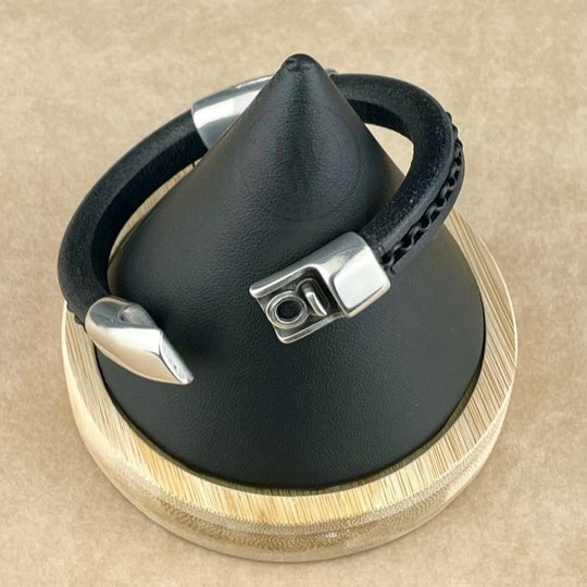 Black Chain on Black Leather Unisex Cobo Bracelet-3