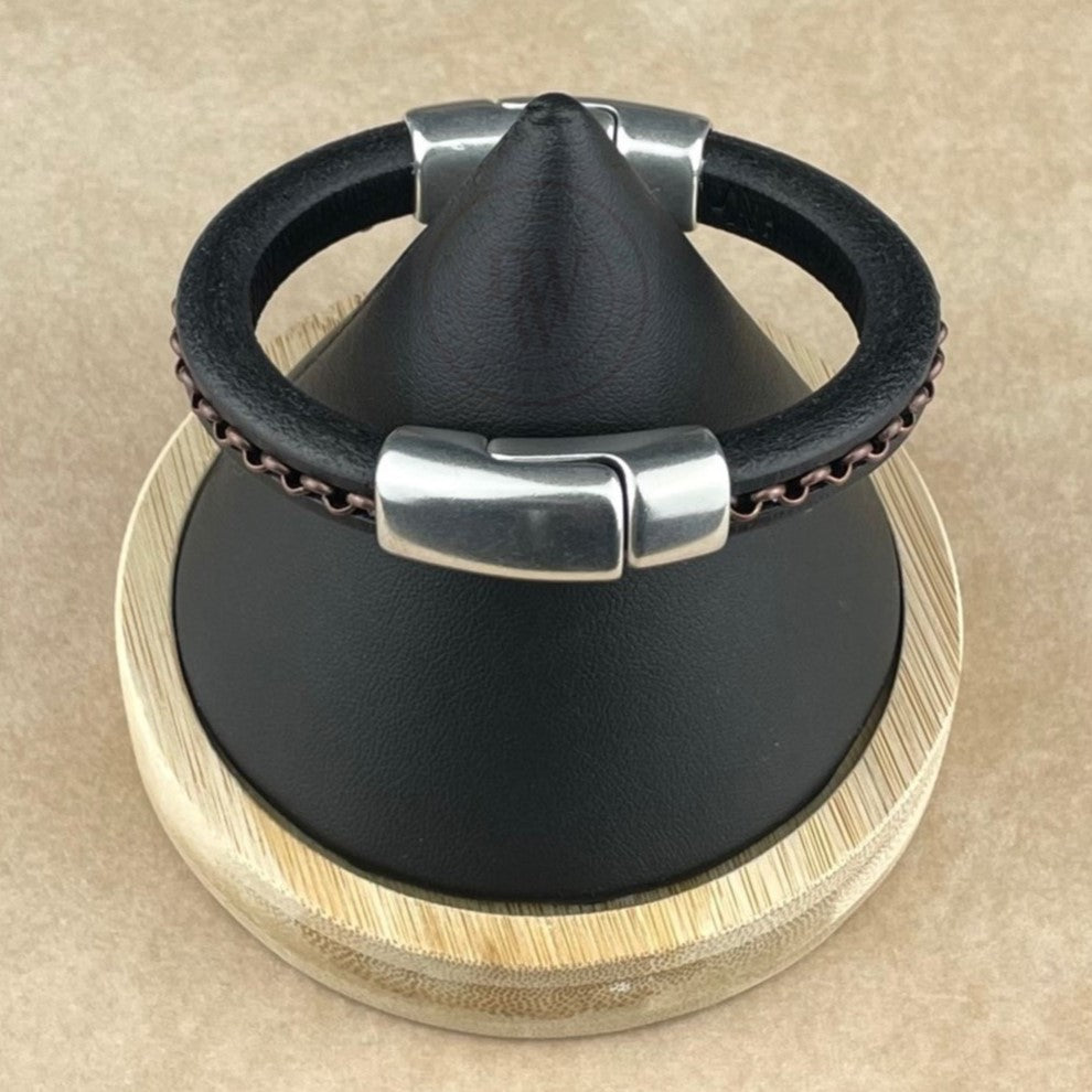 Antique Copper Chain on Black Leather Unisex Cobo Bracelet -1
