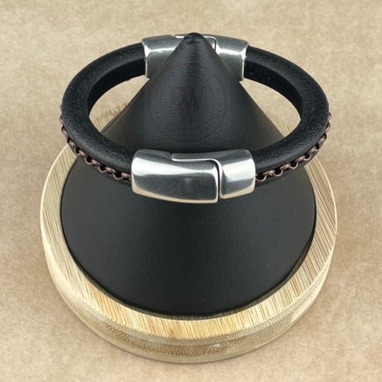Antique Copper Chain on Black Leather Unisex Cobo Bracelet -1