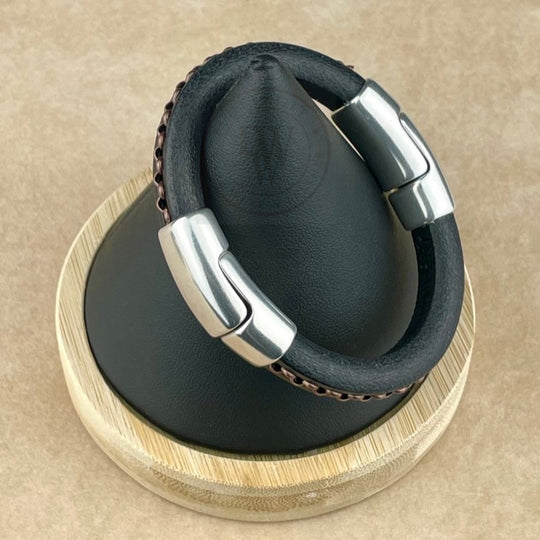 Antique Copper Chain on Black Leather Unisex Cobo Bracelet -2