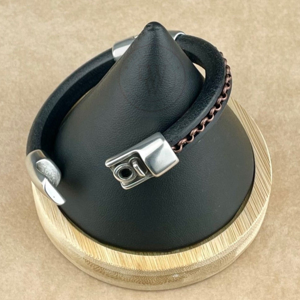 Antique Copper Chain on Black Leather Unisex Cobo Bracelet -3