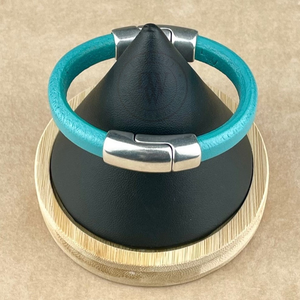Blue Green Leather Bracelet with Silver Magnet Clasp