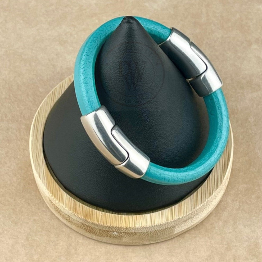 Blue Green Leather Bracelet with Silver Magnet Clasp - left view