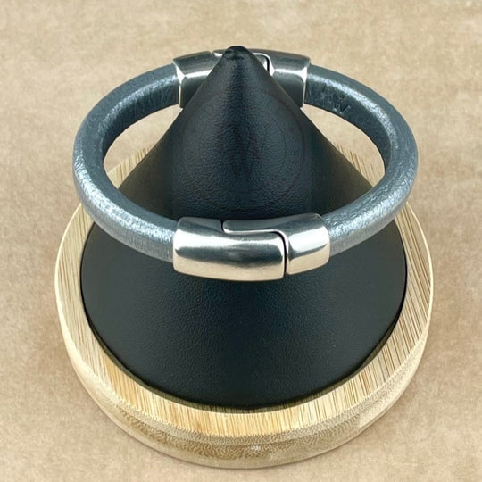 Metallic Silver Leather Cobo Bracelet with <strong>Double</strong> Antique Silver Magnetic Clasps