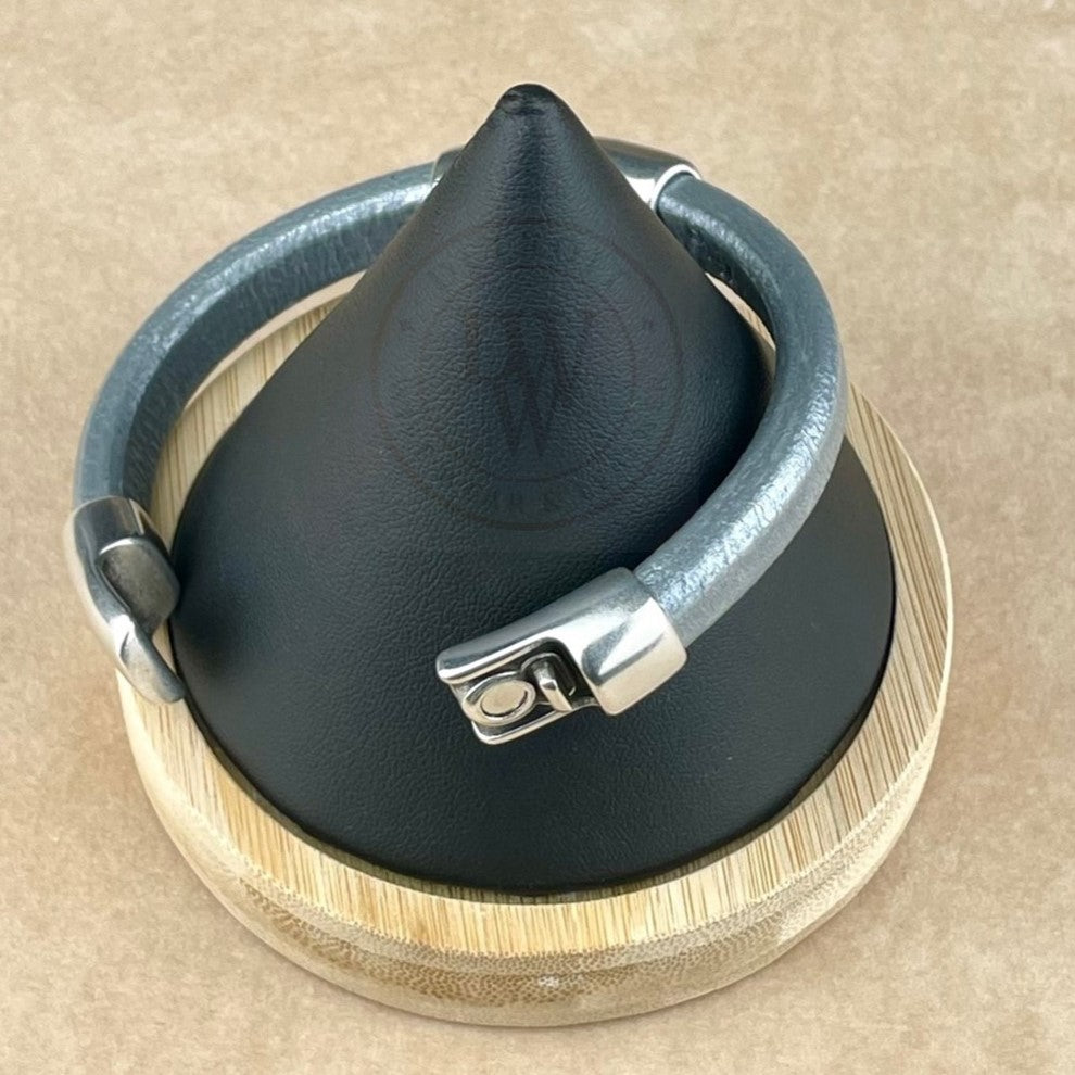 Metallic Silver Leather Cobo Bracelet with <strong>Double</strong> Antique Silver Magnetic Clasps