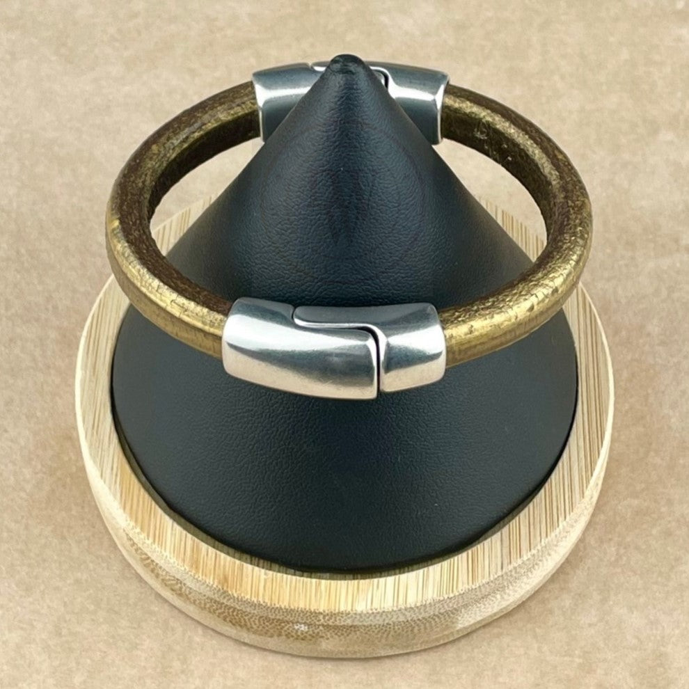 Metallic Gold Brown Leather Unisex Cobo Bracelet-1