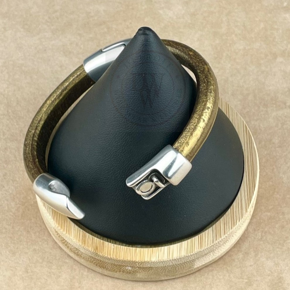 Metallic Gold Brown Leather Unisex Cobo Bracelet-3