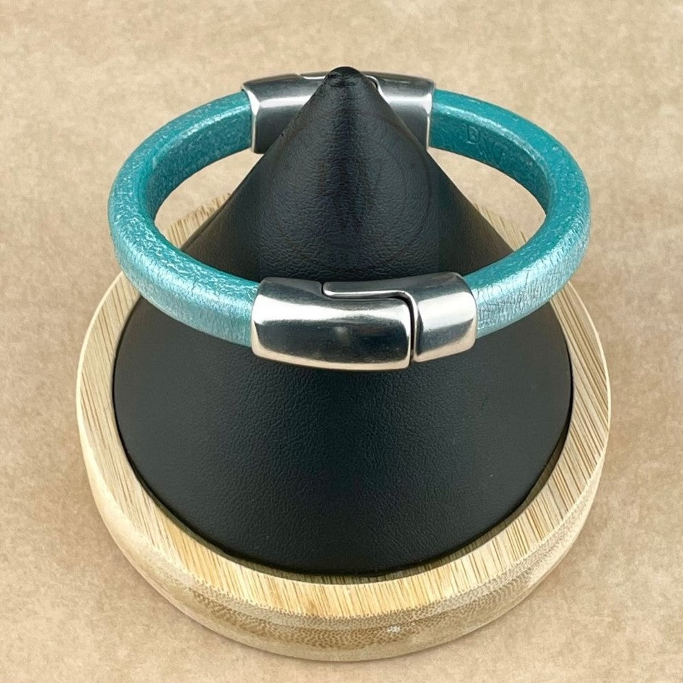 Metallic Turquoise Teal Leather Bracelet with Silver Magnet Clasp-1