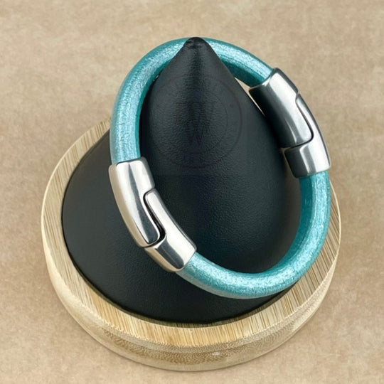 Metallic Turquoise Teal Leather Bracelet with Silver Magnet Clasp-2