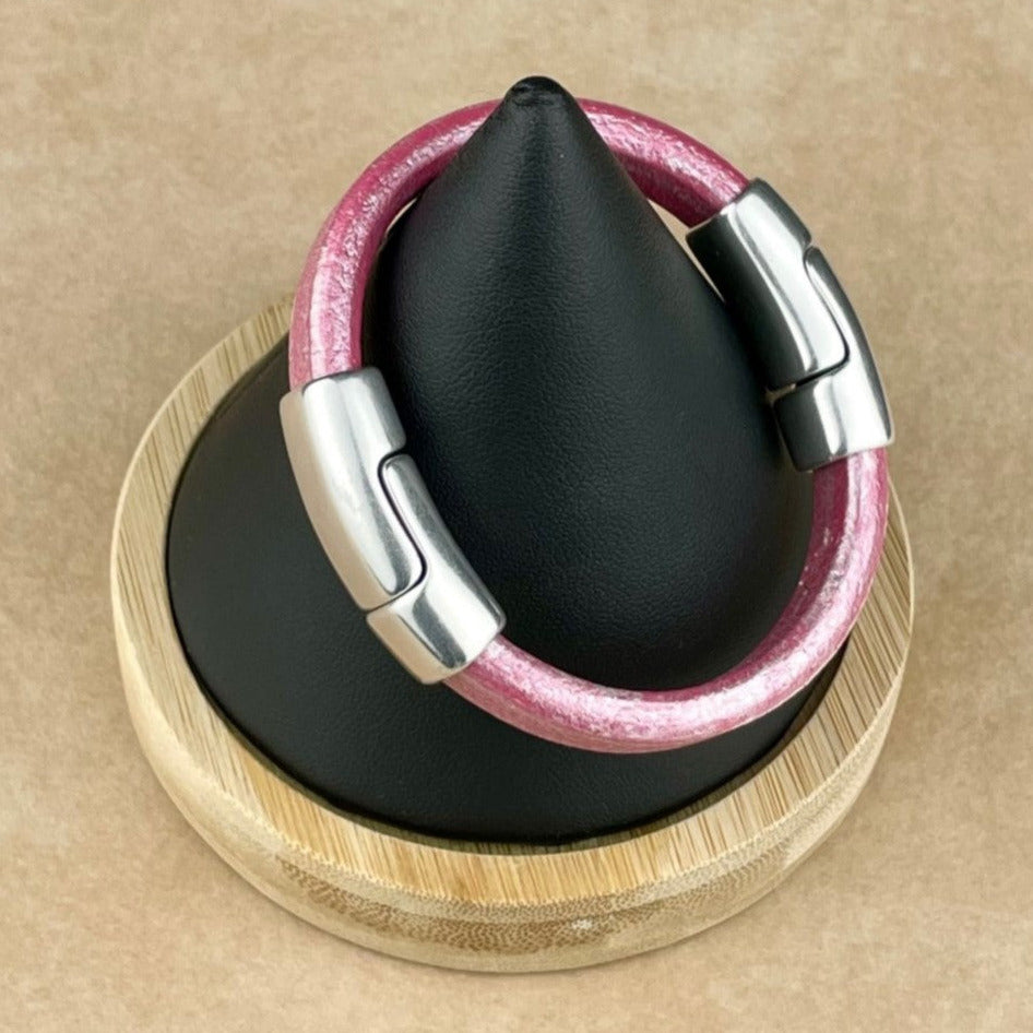 Metallic Fuchsia Leather Cobo Bracelet with <strong>Double</strong> Antique Silver Magnetic Clasps