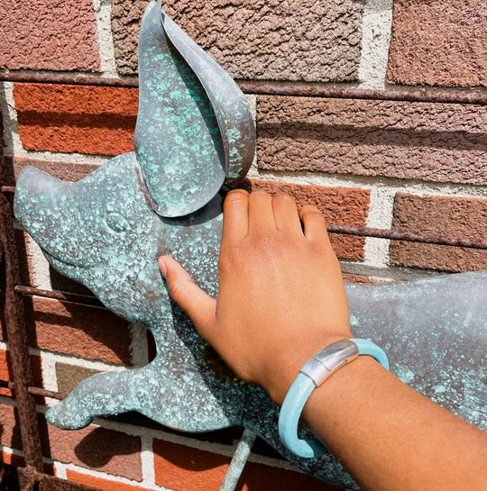 A hand holding a decorative metal pig against a brick wall, and wearing a turquoise leather Cobo bracelet. Cobo bracelet lifestyle photo.